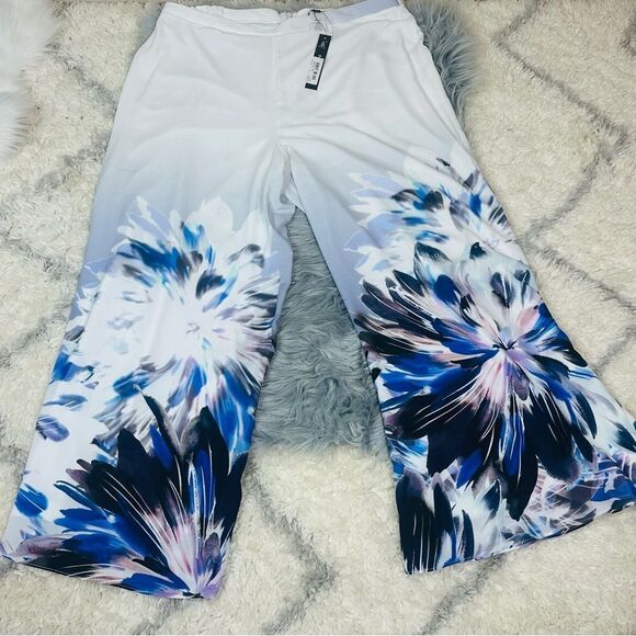 Floral Wide-Leg Pants in Blue and White - Picture 1 of 7